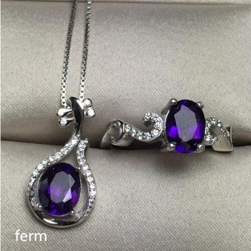 KJJEAXCMY exquisite jewelry 925 pure silver, Amethyst jewelry, ladies' jewelry, rings, pendants, 2 pieces