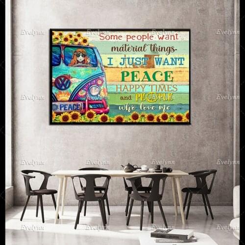 Hippie Girl Canvas Art, I Just Want Peace Poster, Vintage Hippie Girl Wall Home Decor, Sunflower Hippie Relaxing Prints Canvas