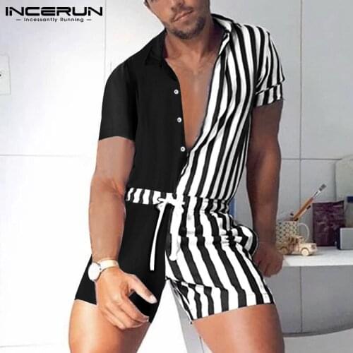 INCERUN 2021 Fashion Men Rompers Striped Patchwork Lapel Short Sleeve Jumpsuits Streetwear Pockets Casual Men Overalls Shorts