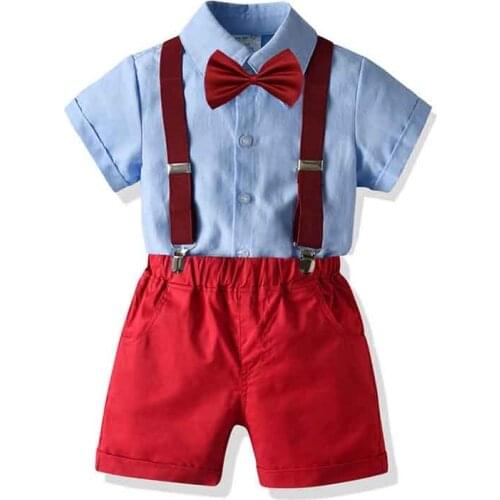 Summer Kids Boy Formal Clothes Set Cotton Short Sleeve Bow Tie Tops+ Suspender Shorts Children Wedding Party Gentleman Suit