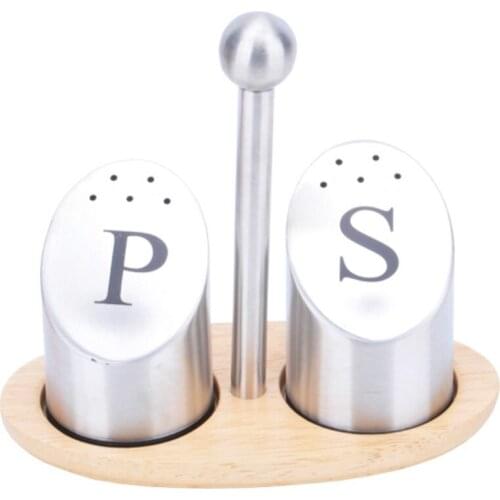 Kitchen Herb Spice Tool Stainless Steel Seasonings Pepper Shakers Salt Shaker With Wooden Frame