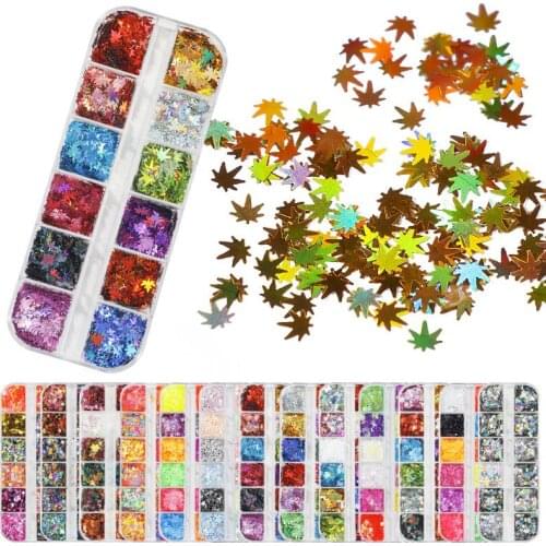 Set of 12 Grids Holographic Iridescent Glass Flakes & Sequins for Nail Art Decorations Butterfly Fall Acrylic Nail Glitter HJ2