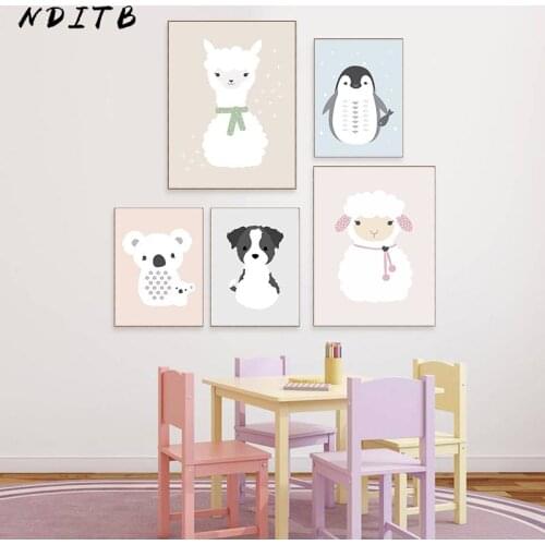 NDITB Kawaii Cartoon Animal Canvas Painting Llama Bear Dog Poster Nursery Art Print Wall Picture for Baby Kid Bedroom Decoration