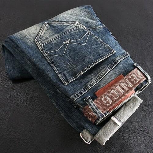 Newly Vintage Fashion Men Jeans High Quality Retro Blue Spliced Designer Slim Fit Ripped Jeans Men Hip Hop Casual Denim Pants