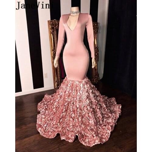 JaneVini African Pink Mermaid Prom Dress Long Sleeve Elegant 3D Flowers Train V Neck Floral Black Girls Evening Party Gowns 2019