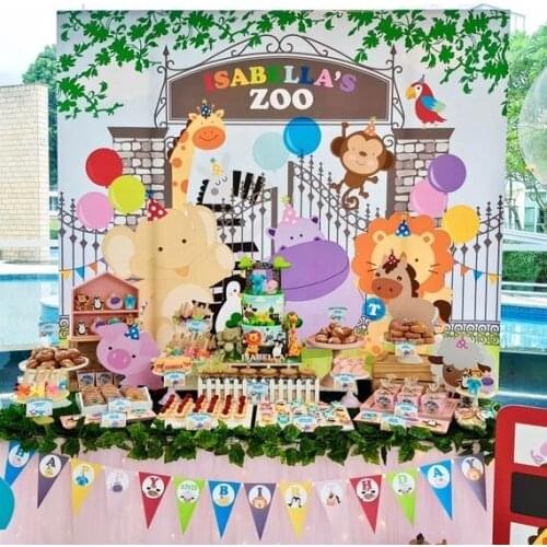 Custom Animal Zoo Giraffe Lion Hippo Zebra Penguin Monkey Balloon photo backdrop Computer print party background