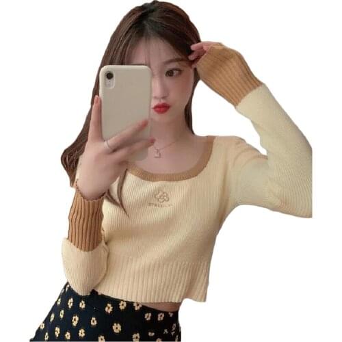 QRWR 2020 Spring Autumn Sweater Women Fashion Korean Slim Fit Knitted O Neck Short Casual Splicing Women Sweater