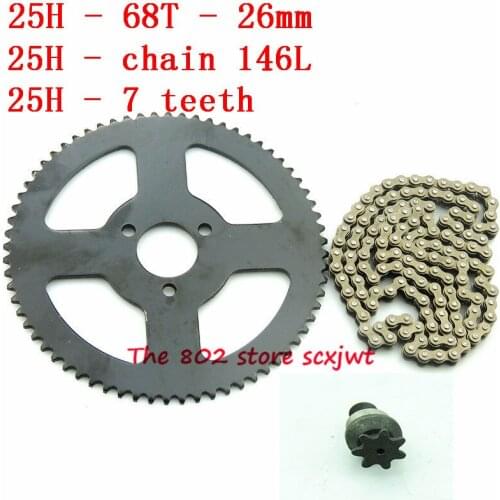 Size 25H 68T teeth Rear Sprocket,25H Chain 146 Links 7 teeth sprocket shaft For Electric tricycle Mini moto Pocket Bike ATV Quad