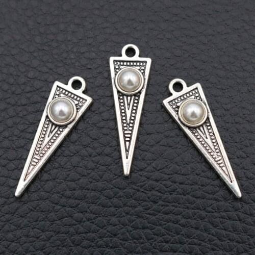 Retro Triangle Metal Pendant, Inlaid Beads Charms, DIY Manual Earrings Charms, 29*9mm Silver Plated Charms, Unisex A18 10pcs