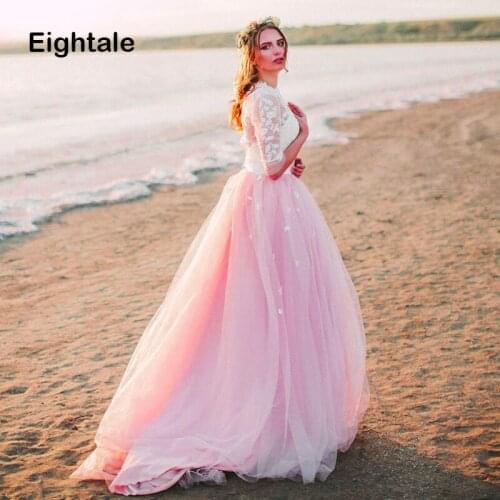 Eightale Pink Boho Wedding Dress 2019 O-Neck A-Line Wedding Gowns Tulle Appliques Lace Backless Long Sleeves Beach Bridal Dress