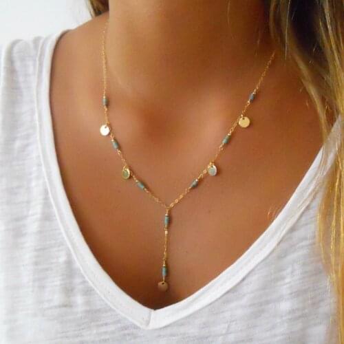 Sexy Bohemia Jewelry Necklace Nature Stone Beaded Chain Handmade Jewelry Round Circle Charm Necklaces for Women