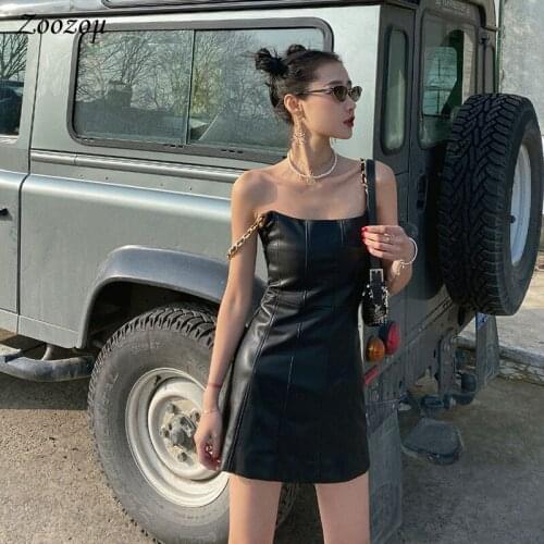 Sexy Spaghetti Strap PU Leather Mini Dress Women Sleeveless Night Club Party Dress Summer Casual Faux Leather Black Short Dress