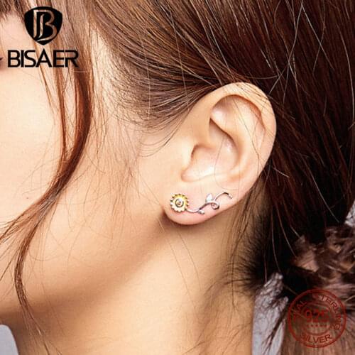 BISAER Daisy Flower Stud Earrings 925 Sterling Silver Yellow Enamel Zircon Little Daisies Earrings For Female Jewelry EFE394
