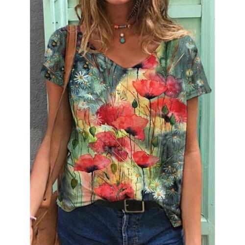 Summer Women Harajuku Tshirt Floral Print Pullover Tops Casual V-neck Short Sleeve Loose Plus Size T-shirt Femme Fashion Clothes