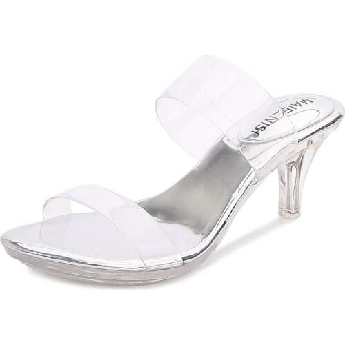 High heel 6.5cm sexy brand large size 35-41 female daily slippers casual sexy catwalk model crystal shoes slippers mid-heeled