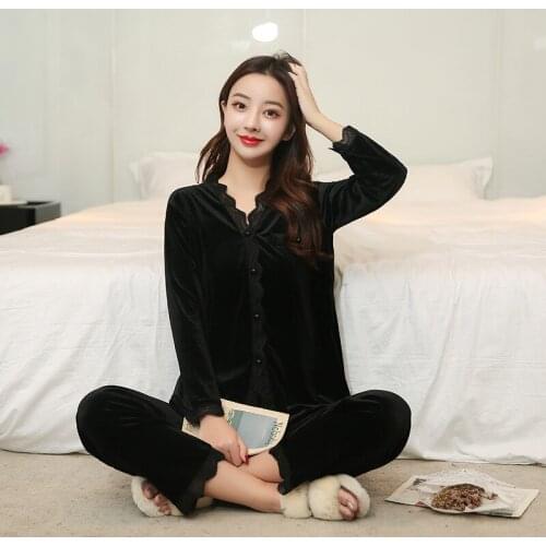 Women Pajamas Autumn New Velvet Suit Sleepwear Cardigan Long Sleeve Pants V-Neck Sexy Nightwear Full Length Lounge Wear Winter
