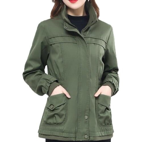 Womens Trench Coat Mid-Long Spring Autumn Long Sleeve Elastic Waist Zipper Casual Coat Women Windbreaker Tooling Plus Size 5XL