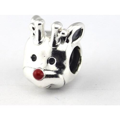 100% 925 Sterling Silver Beads for Charms Bracelets Women Red Enamel Nose Christmas Reindeer Silver 925 Beads for Jewelry Making
