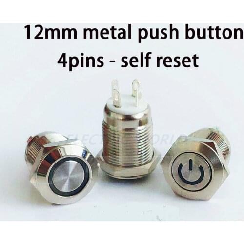 12mm Metal Button Switch Panel Hole Power Push Button momentary button flat Head 4pins LED light Self-Reset waterproof switch