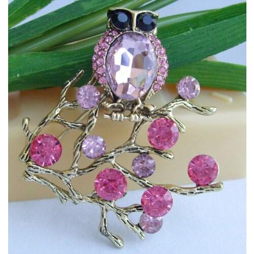 2.36" Pink Rhinestone Crystal Owl Brooch Pin Pendant SMT06613C4