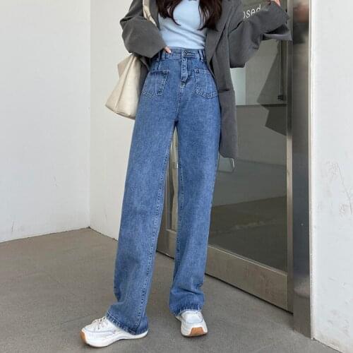 Shnsophi Retro Blue Jeans Streetwear Women Vintage Loose Straight Long High Waist Pocket Wide Leg Denim Pants Ladies Trousers