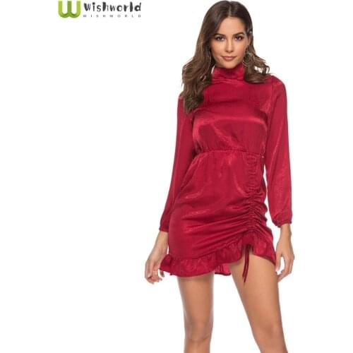 Europe and the United States 2021 Autumn and Winter New Pure Color Stand Collar Ruffle Dress Fashion Women Sexy Bag Hip SkirtEur