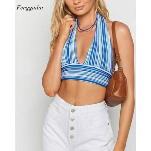 Forefair Deep V Neck Knit Crop Top Women Blue Backless Off Shoulder Summer Beach Halter Neck Bandage Y2K Sexy Top Tanks