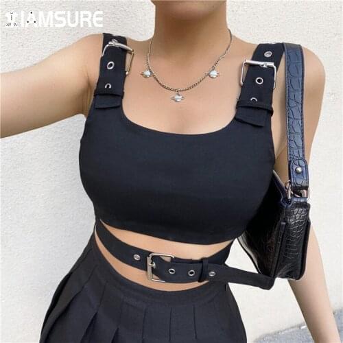 IAMSURE Sexy Cool Hollow Out Tank Top Women Sashes Sleeveless Square Collar Crop Tops 2021 Summer Fashion Casual Streetwear 90S