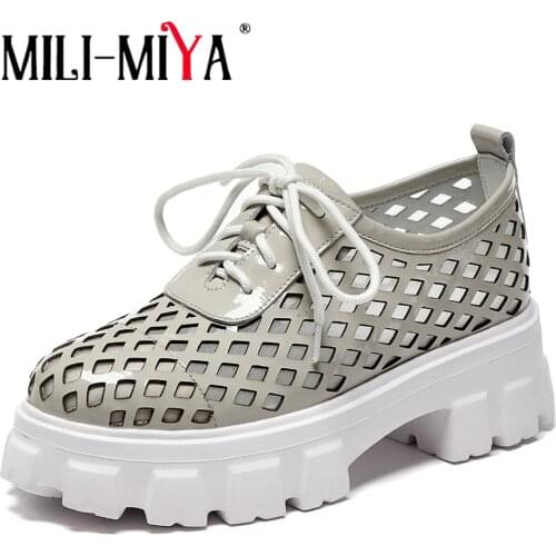 MILI-MIYA New Arrival Women Cow Leather&Mesh Sneakers Platform Flat Lace-Up Cutout Breathable Solid Color Dress Summer Shoes