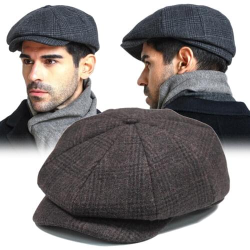 Fashion Wool Tweed Newsboy Cap Herringbone Men Women Gatsby Retro British Painters Hat Driver Flat Cap Black Coffee Grey