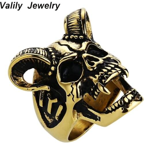 Valily Men Ring Horn Goat Skull Ring Stainless Steel Motorcycle Biker Zombie Vampire Skull Ring For Men Drop Ship US Size 7-14