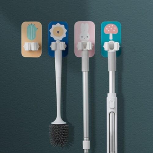 Punch-free Wall Mounted Mop Organizer Holder Cute Animal And Plant Pattern Self-adhesive Broom Hanger Storage Rack Household