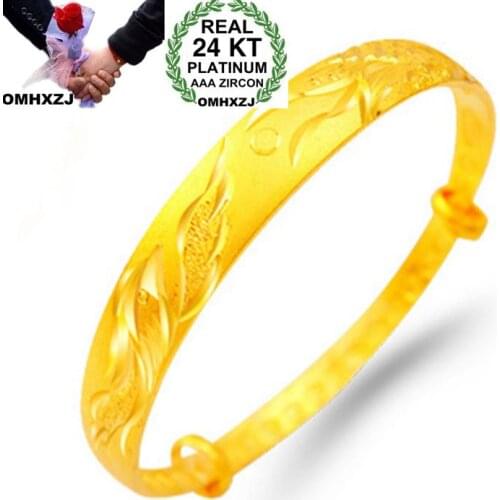 OMHXZJ Wholesale European Fashion Woman Girl Party Wedding Gift Dragon Phoenix 24KT Yellow Gold Cuff Bangle BA100