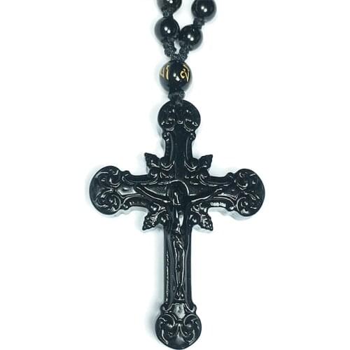 Black Obsidian Stone Cross Pendant Necklace Crystal Healing Jewelry Jade Pendant