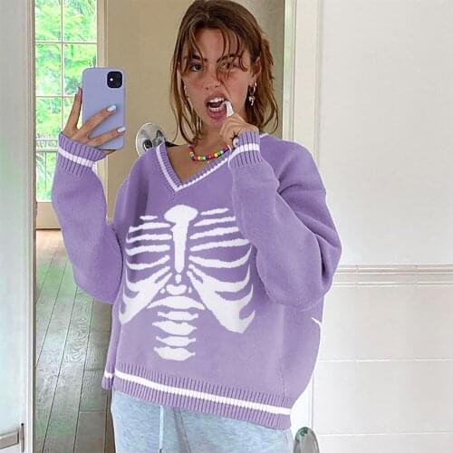 Puloru Y2K Gothic Womens Knitted Sweaters Punk Style Vintage Autumn V Neck Long Sleeve Skeleton Print Loose Knitted Jumpers