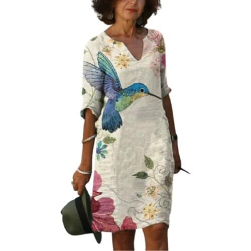 Plus Size Women Vintage Floral Print Knee Length Dress Summer Casual Loose Half Sleeve V-neck Straight Fashion Vestidos Female