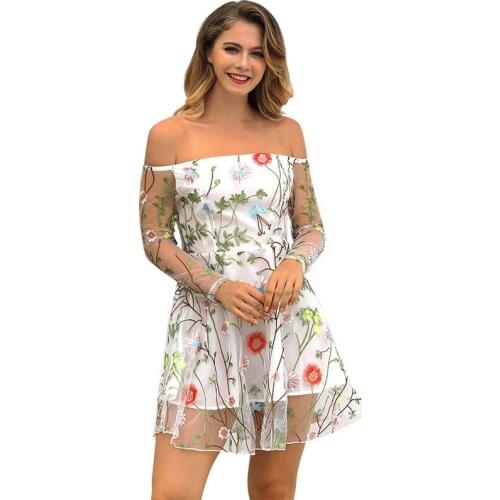 Sexy Floral Embroidery Lace Dress Sexy Lace Slash Neck Cute Mini Dress European High Street Clothes for Woman Embroidery Dress