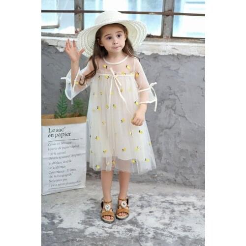 Explosion models small fresh spring and summer new girls cotton tie bow dress printed pineapple pattern mesh princess dress