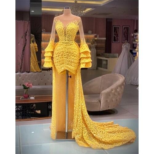 Bright Yellow Prom Dresses With Detachable Train Sheer Neck Long Sleeve Vestidos De Fiesta Lace Beaded Custom Made Evening Dress