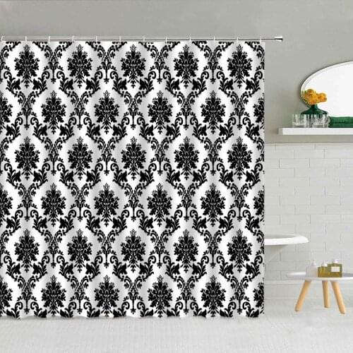 Retro European Black White Flower Leaves Shower Curtains Geometry Striped Plaid Bohemia Bath Decor Waterproof Cloth Curtain Set