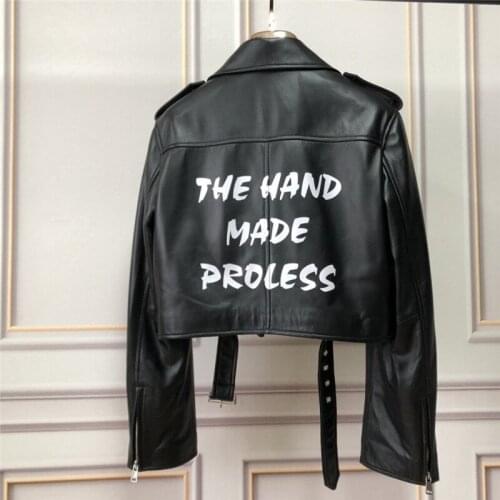 Graffiti alphabet print sheepskin Motorcycle jacket women real leather short coat black