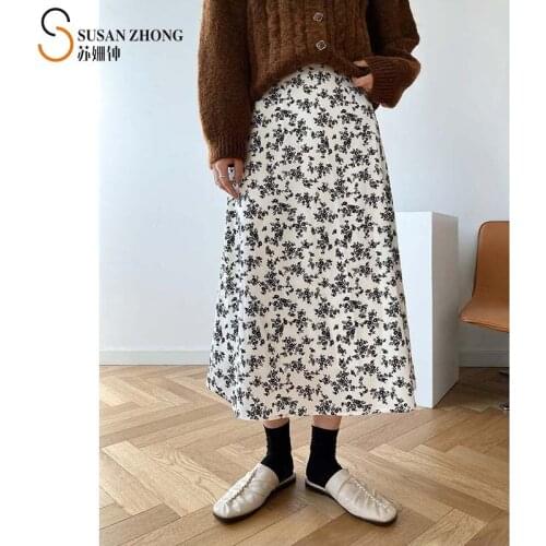 Women Skirts Female Bottoms 2021 Spring Elegant Office A-Line Loose Floral Flower Print Chiffon Elastic Waist Long Romantic Cozy