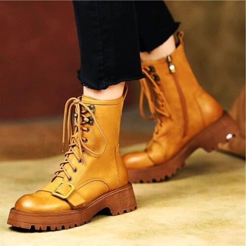 Military Oxfords Women Genuine Leather Round Toe Ankle Motorcycle Rivets Buckle Chunky Buckle Creeper Shoe 34 35 36 37 38 39