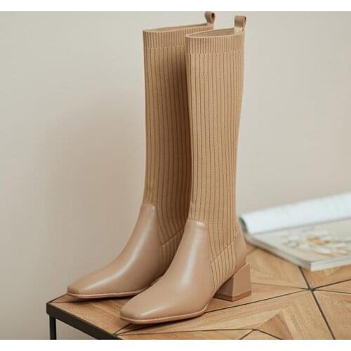Retro Thin leg weaving sock boots women real cow leather square toe knee-high botas ckunky high heels knitted stretch botte 2021