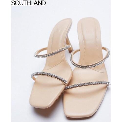 SOUTHLAND 2021 NEW Womens shoes Beige square head Rhinestone accessories High-heeled sandals