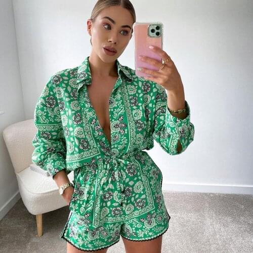 High-Waist Shorts Chic Lady za Women Outfit Shorts Sets 2 piece set2021 Summer Two Piece Set Woman Printed Cropped Shirt