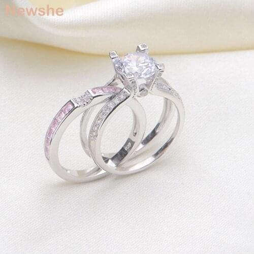 Newshe Solid 925 Sterling Silver Wedding Engagement Ring Set For Women 2 Ct Round Cut Pink Zircon Bridal Jewelry