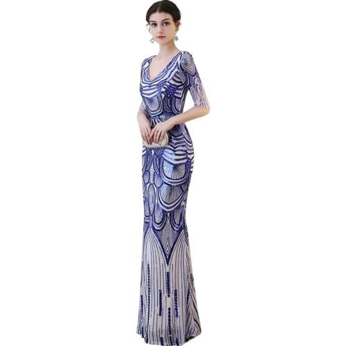 Plus Size Womens Sexy V-neck Evening Long Dress Female Elegant Half Sleeve Sequin Banquet Party Dress Mermaid Dress Royal Blue