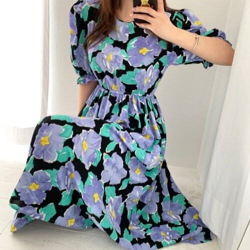 2021Summer Dress Women Vintage Blending Short Puff Sleeves Fairy Dress Female Elegant Casual Printed Flowers Slim Middle Dress