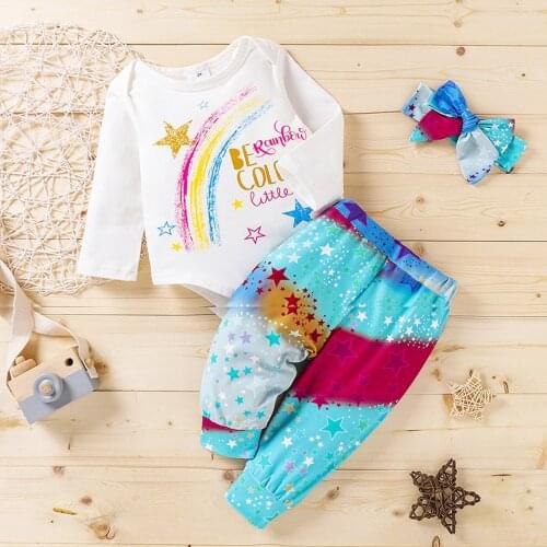 0M-24M Toddler Kids Newborn Infant Baby Girls Letter Rainbow Print Romper+Colorful Pants+Hairband Outfits Romper Bodysuit